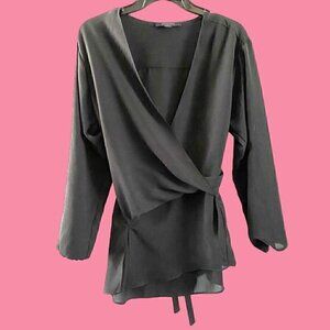 Allsaints Black Wrap Mia Sleeve Top Blouse XS Polyester
